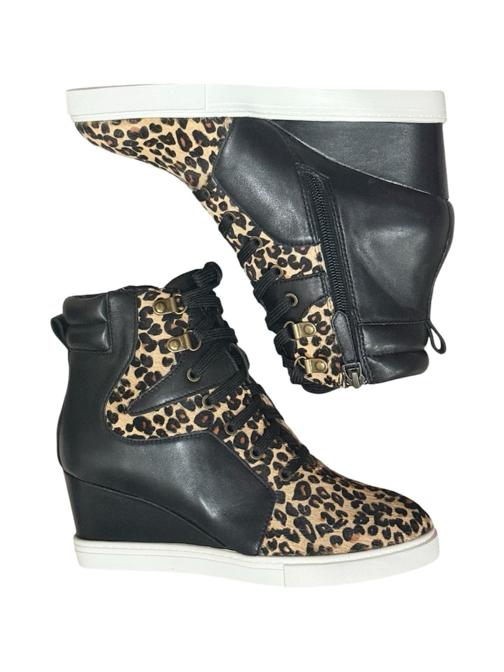 LINEA PAOLO Fleur2 NIB Wedge Sneaker Black Leather Leopard Calf Hair Retail $139